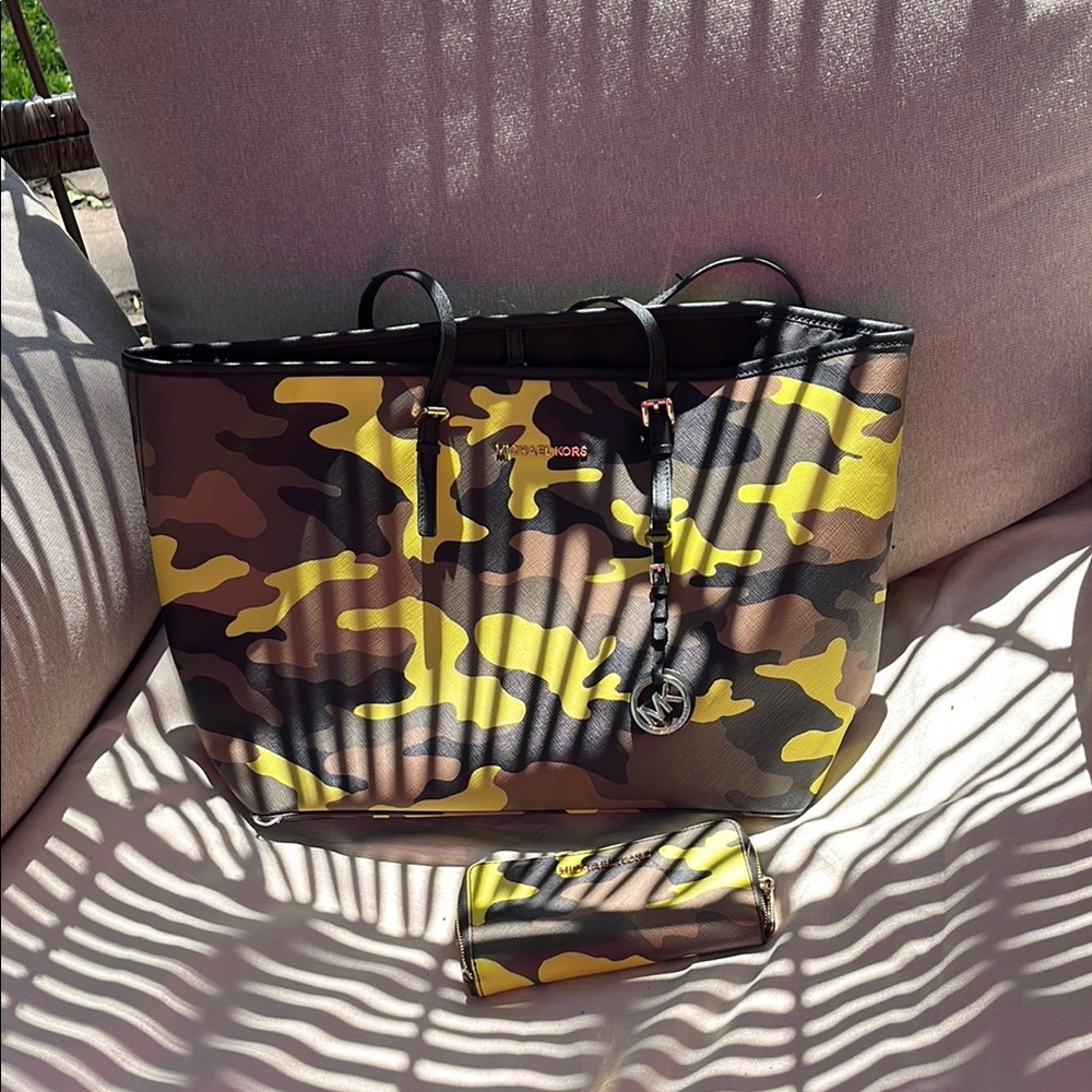 Michael Kors Camouflage Tote with Yellow and Brown Accents